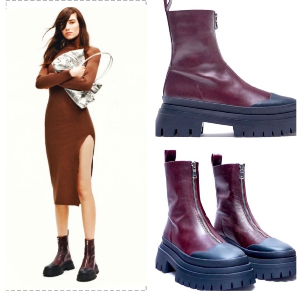 ZARA LUG SOLE  LEATHER ZIPPED ANKLE BOOTS WITH TRACK SOLES
